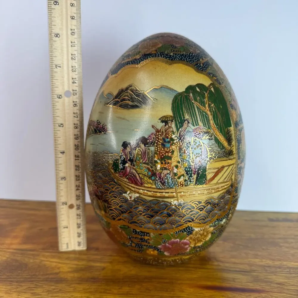Satsuma Ceramic Egg Gold Trim Geisha Boat Landscape Asian Hand Painted